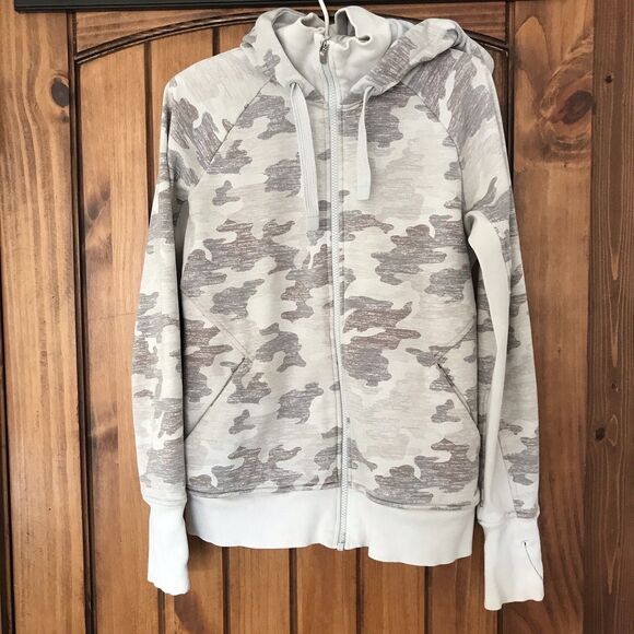 Athleta Triumph Hoodie Women Small Beige Gray Camo Thumbholes Jacket Heavy EUC - Picture 14 of 15